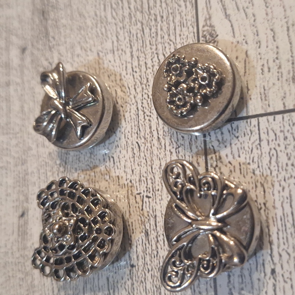 Vintage silvertone button covers, Bow Heart Butterfly Flowers Set/4
